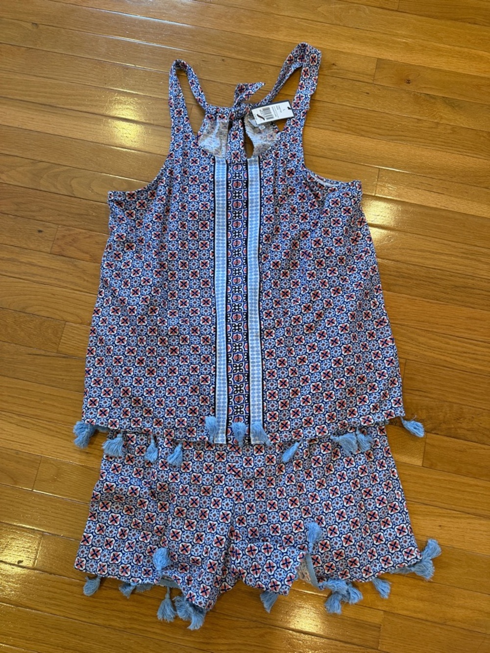 Womens Printed Tassel Tank & Short Set - Blue, coral, White